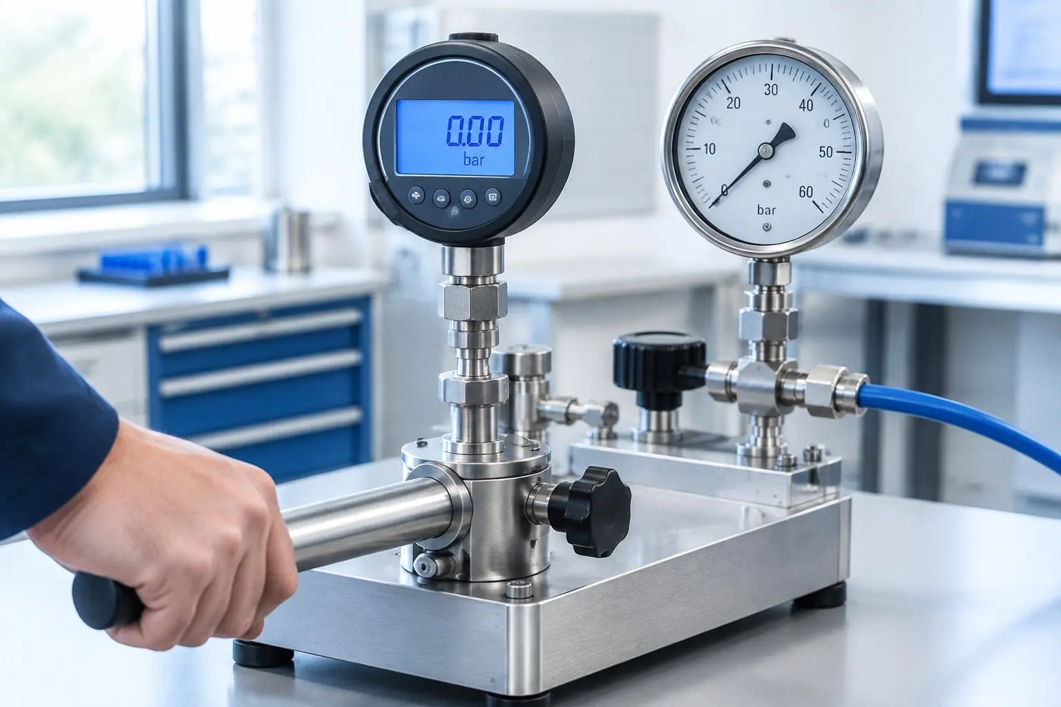 Digital and analog pressure gauges on a measurement setup