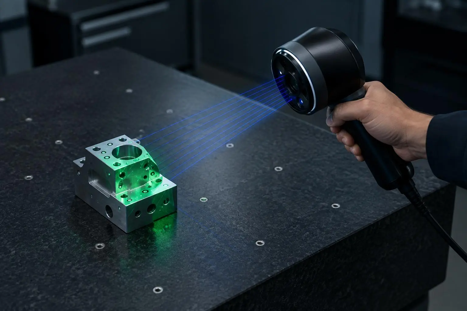 Handheld 3D scanner projecting light onto a machined block