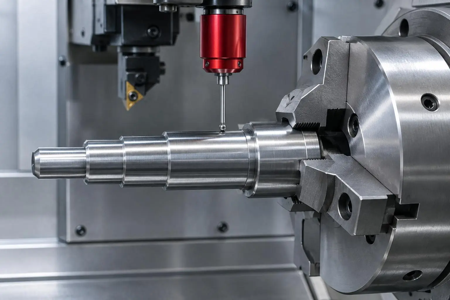 Measurement probe inspecting a shaft held in a chuck