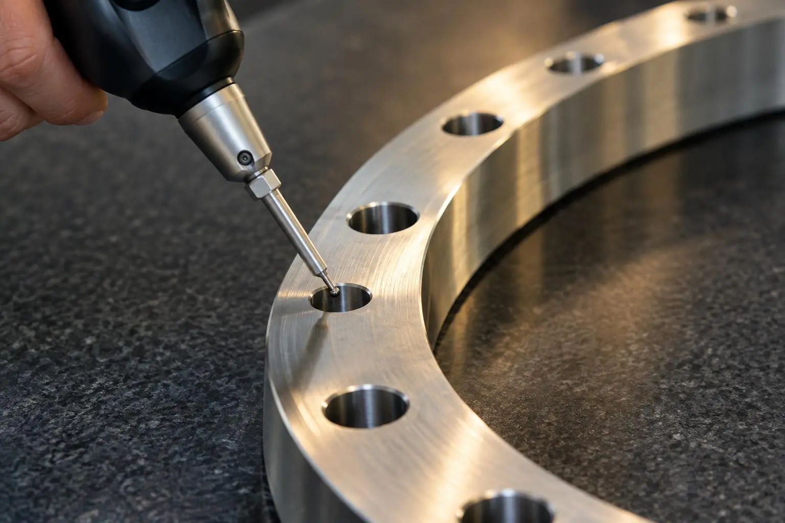 Measurement probe checking a hole in a metal flange