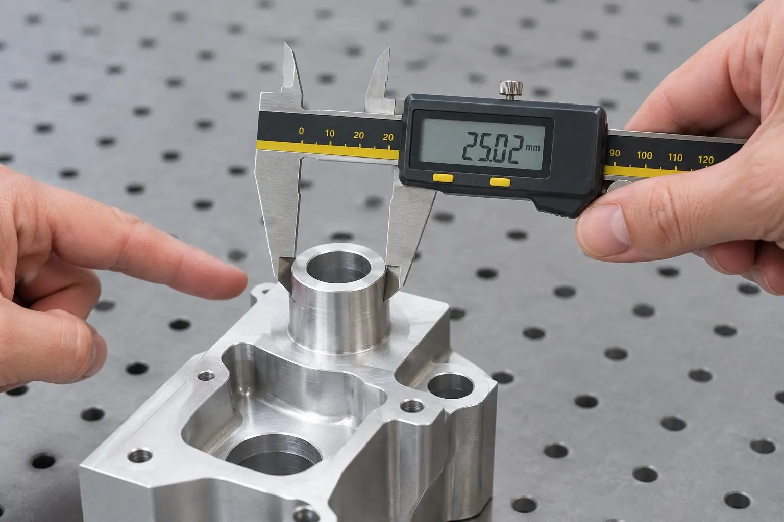 Digital caliper measuring a machined metal component