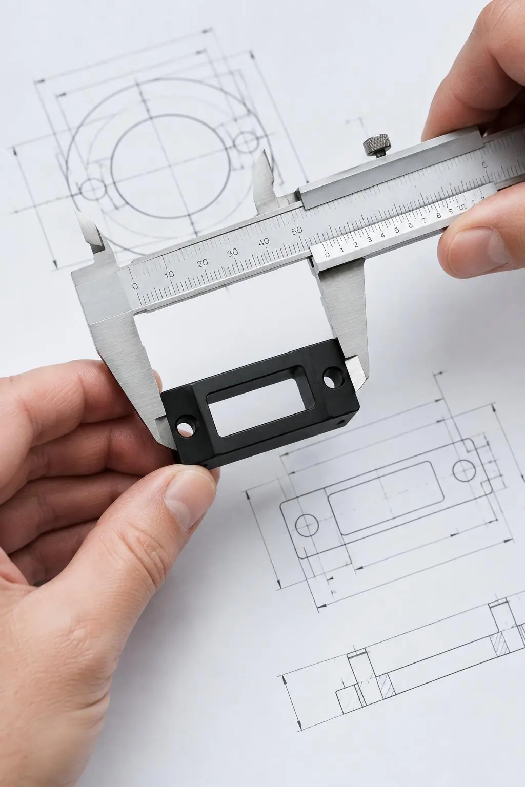 Digital caliper checking a part over an engineering drawing