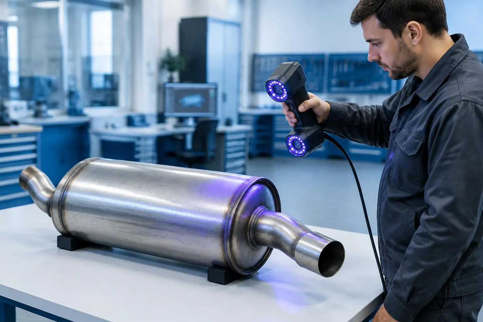 Handheld 3D scanner measuring a cylindrical metal component