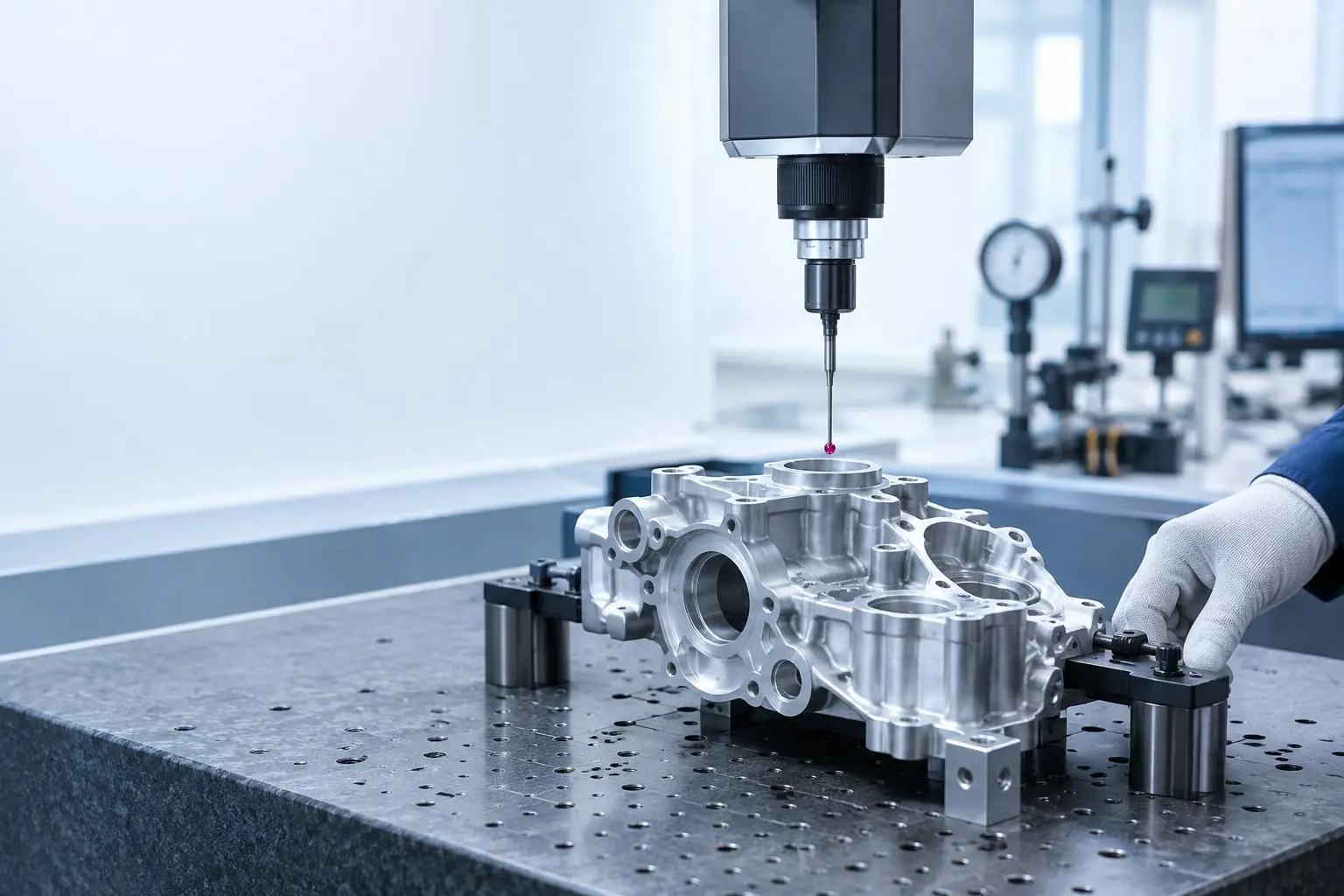 Coordinate measuring machine inspecting a metal housing